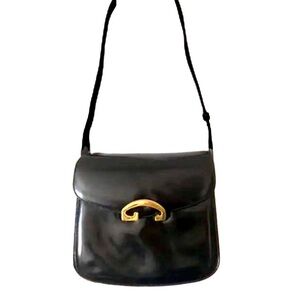 Vintage GUCCI Black Lambskin Leather Single Flap Gold Buckle Shoulder Bag